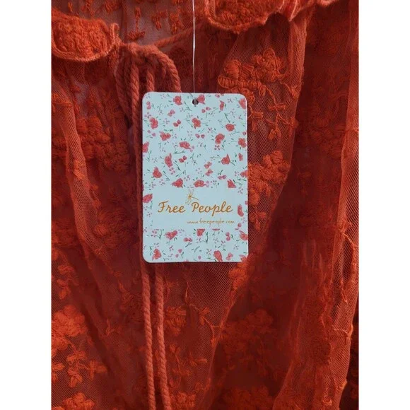 Free People Jubilee Embroidered Lace Boho Sheer Blouse Top Red Sz Small OB754354 - Picture 5 of 15